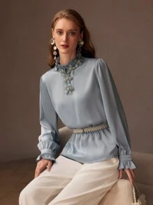 MOTF PREMIUM WOMEN SEQUIN AND BEADED APPLIQUES DETAIL FRILL MOCK NECK FLARE SLEEVE BLOUSE - Baby Blue - View 2