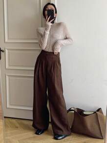 DAZY 1 chiếc quần ống rộng cạp cao có túi dành cho nữ, kiểu dáng đơn giản, phù hợp cho trang phục công sở. - màu nâu - Xem 4