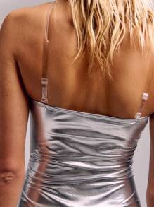 SHEIN Unity Clear Strap Metallic Ruched Drape Dress - Silver - View 7