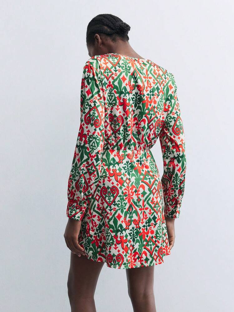 SHEIN Maija V-Neck Long Sleeve Allover Print Minimalist Short Casual Dress For Women