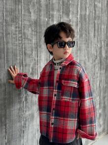 Tween Boy 休闲格子珊瑚色保暖内衬翻领前开宽松厚风衣夹克 - 彩色 - 查看 5