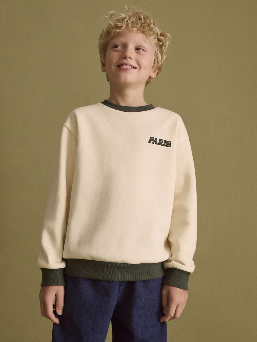 SHEIN Tween Boys Paris 文字印花宽松拼色圆领长袖运动衫,休闲运动风格,秋冬 - 黃色 - 查看 1