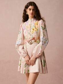 Enchnt Spring/Summer Romantic Women  Romantic Floral Printed Front Button Stand Collar Elegant Lantern Long Sleeve Dress,Sweet&Elegant Outfit For Sweet Date Night &Wedding Guest Dress Women &Holiday & Graduation Dress&Daily Commuting&Vacation&Garden Parties & Concert Outfit Women - Apricot - View 6
