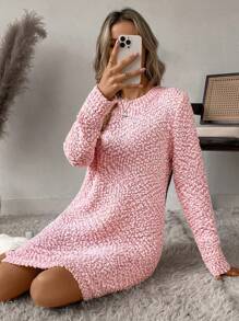 SHEIN LUNE Vestido de suéter casual de unicolor, cuello redondo, manga larga y bajo recto para mujer, otoño/invierno