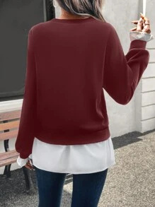 SHEIN LUNE Women's Casual Color Block 2 In 1 Pullover Sweatshirt Fall - Burgundy - View 2