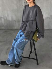 FRIFUL Women's Short Ruffle Trim Patchwork Criss-Cross Loose Sweatshirt,Long Sleeve Tops,Fall Women Clothes