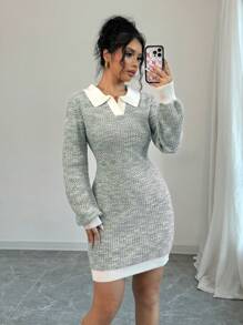 Elenzga 1pc Women's Color Block Trim Collar Elegant Long Sleeve Knit Sweater Dress