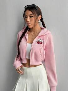 SHEIN Unity 樱桃字母印花连帽短款拉链夹克，带口袋 - 粉色 - 查看 4
