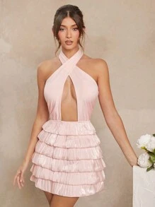 L'Amorae 泡泡下摆交叉前挂脖连衣裙 - 粉色 - 查看 1