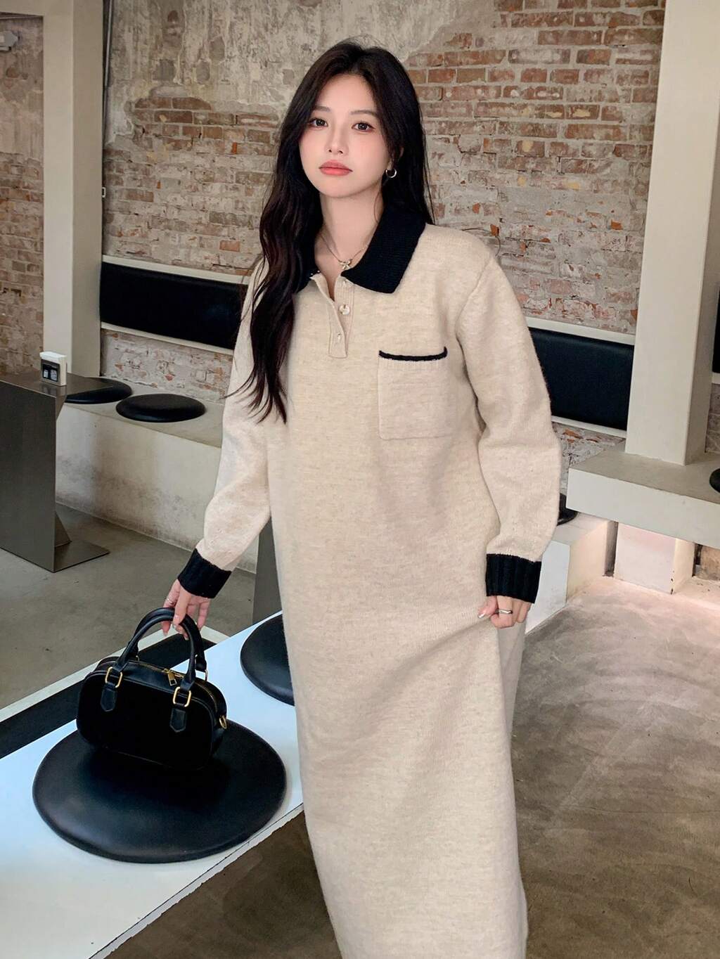 Robe pull ample à manches longues, col polo, couleurs contrastées, pour femmes. Vêtements d'automne/hiver pour femmes