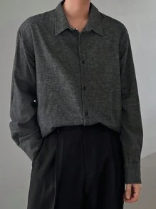 DAZY 1 pieza Camisa casual de manga larga con un solo abotonado y patrón floral texturizado para hombre, otoño e invierno - Negro - Ver 6