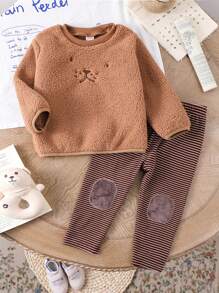 2pcs/Set Baby Boy Winter Outfit - Cute Bear Embroidered Fleece Sweatshirt And Fashionable Striped Patch Long Pants, Suitable For Cold Season Wear - Brown - View 1