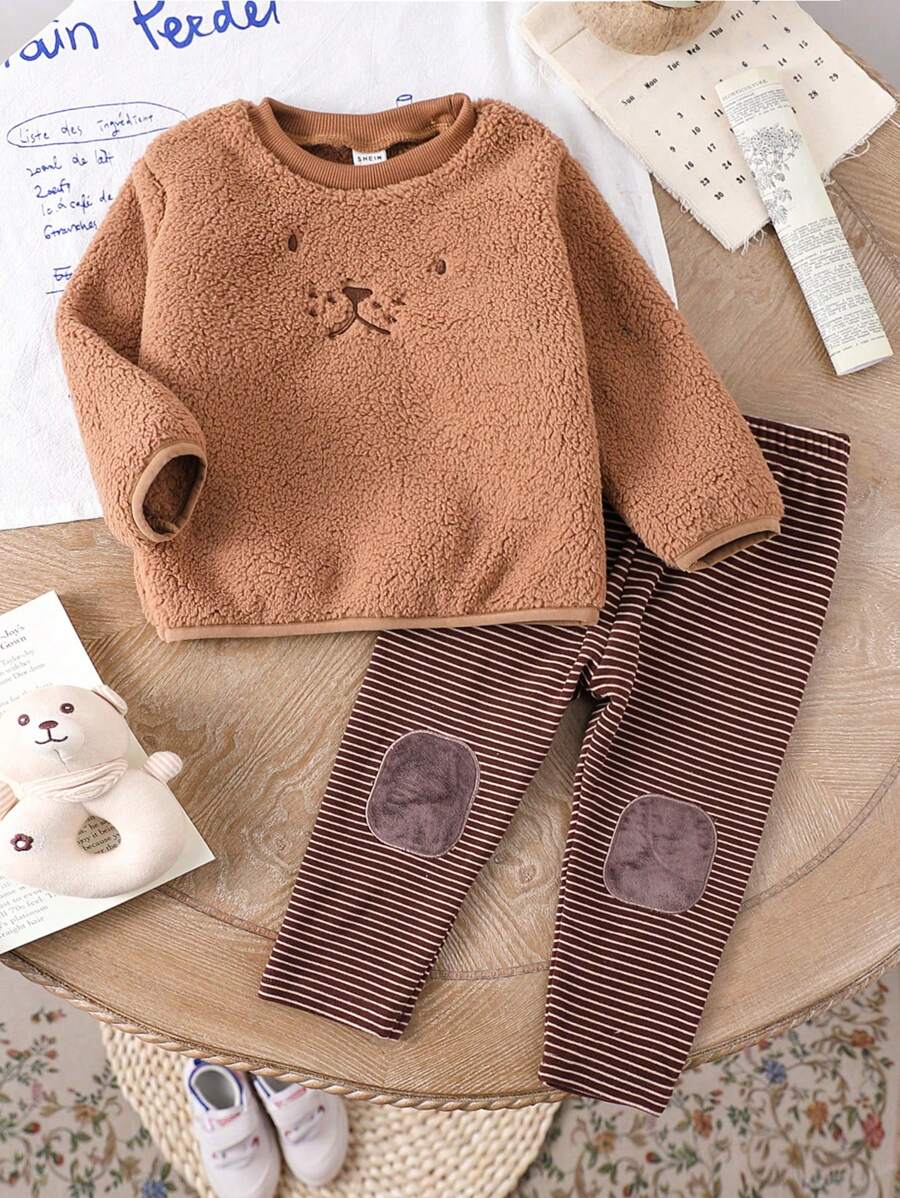 2pcs/Set Baby Boy Winter Outfit - Cute Bear Embroidered Fleece Sweatshirt And Fashionable Striped Patch Long Pants, Suitable For Cold Season Wear - Brown - View 1