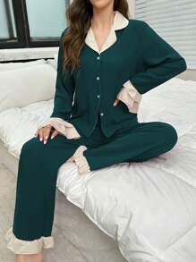 SHEIN Conjunto de pijama de mujer de bloques de color con cuello con volantes y botones - Verde Oscuro - Ver 4
