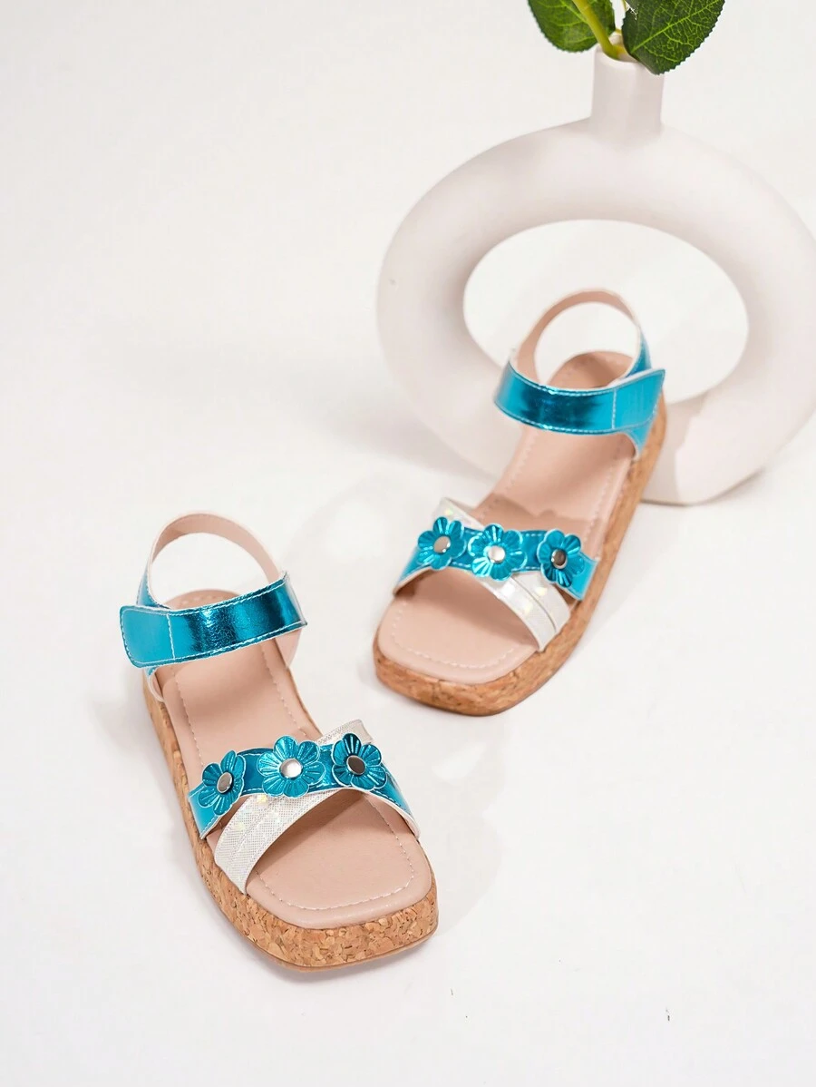 Cute Square Toe Thick Sole Floral & Heart Design Kids Summer Sandals For Girls - Multicolor - View 1