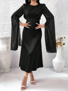 Modelyn 女士优雅开衩圆领收腰中长连衣裙，秋季长款女装 - 黑色 - 查看 5