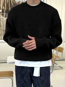 DAZY Men's Casual Everyday Solid Color Crew Neck Sweater, Autumn/Winter - Black - View 1