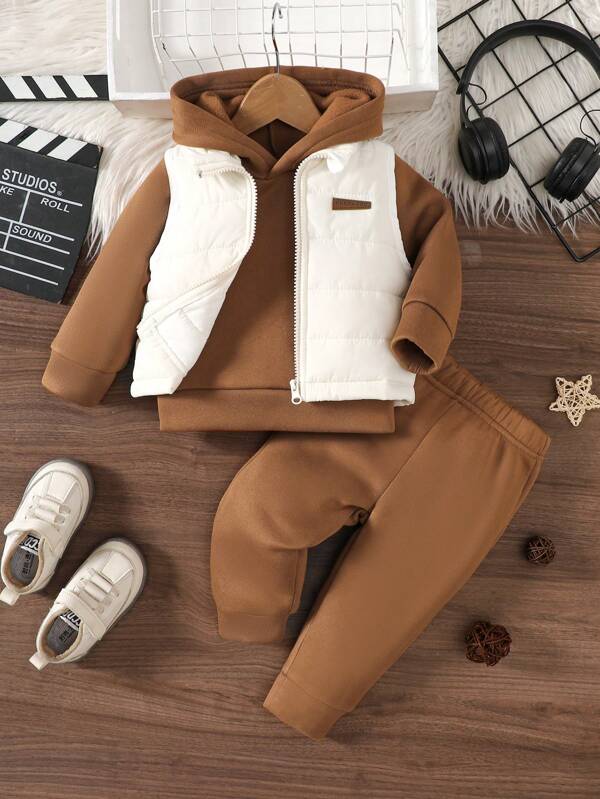 Baby Boy 3pcs Letter Patched Vest, Thermal Lined Hooded Sweatshirt & Sweatpants Set, Warm Wind-Resistant Clothes Outfit Suitable For Autumn/Winter Outdoor Activities