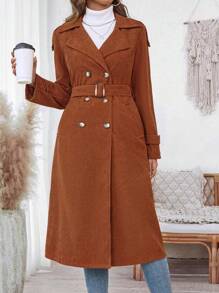 SHEIN Clasi Women's Autumn/Winter Long Sleeve Corduroy Cinched Waist Trench Coat