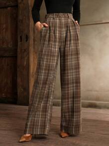 Anewsta High Waisted Straight Leg Plaid Pants For Office Lady, Autumn/Winter