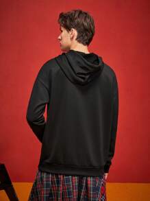 HARRY POTTER X SHEIN Men's Casual Loose Golden Snitch Print Black Kangaroo Pocket Hoodie Sweatshirt, Autumn/Winter - Black - View 2