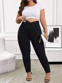 SHEIN CURVE+ Plus Size Casual Solid Color High Waist Slim Pants - Black - View 3