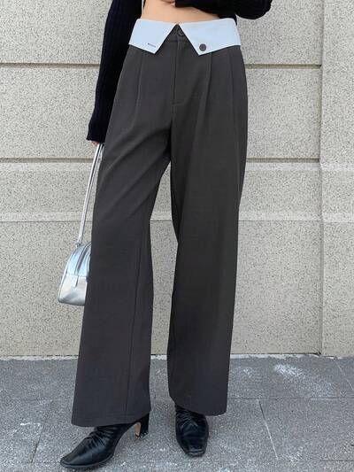 Women Contrast Color Waistband Casual Pants Business Attire