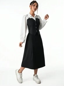 Teen Girls Long Sleeve 2 In 1 Top And Skirt Set, Suitable For Daily Commute, Casual, School And Parties, Autumn