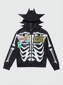 ROMWE MEN Street Life Sudadera con capucha y cremallera con estampado de calavera, estilo urbano