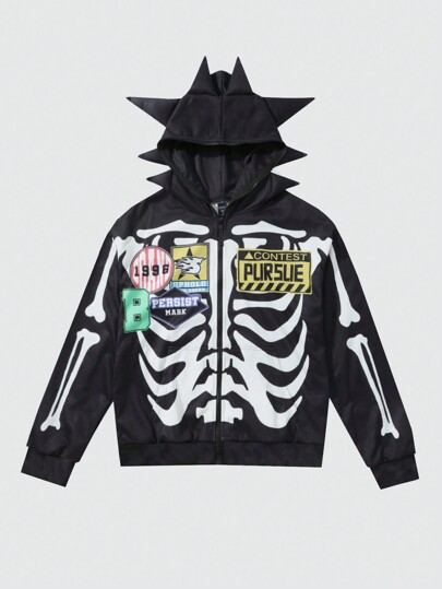 Street Life Sudadera con capucha y cremallera con estampado de calavera, estilo urbano