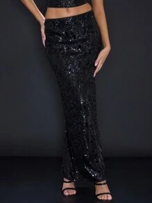 MUSERA Low Waist Sequins Maxi Skirt Birthday Elegant Spring Summer Sexy