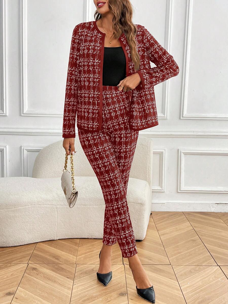 SHEIN Clasi 2pcs Women Plaid Print Open Front Jacket And Pants Set, Casual For Commute & Daily Wear, Autumn/Winter
