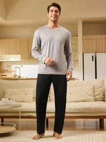 Conjunto de ropa de hogar para hombres con top de cuello redondo y pantalones de unicolor, simple y cómodo