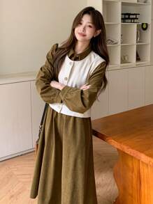 DAZY 2pcs Women Autumn/Winter Vest & Long Dress Suit Set,Back To School Clothes,Fall Women Clothes - Brown - View 2