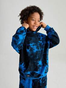 SHEIN 2pcs/Set Tween Boy Street Style All-Over Print Hooded Long Sleeve Sweatshirt And Pouch Pocket Sweatpants - Blue - View 7