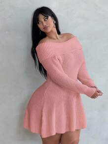 Flirla Suéter de manga larga con diseño de hombros descubiertos de color liso y talla grande