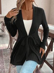 Women Casual Knotted Front Ribbed Jacket, Suitable For Autumn Everyday Wear - Black - View 4