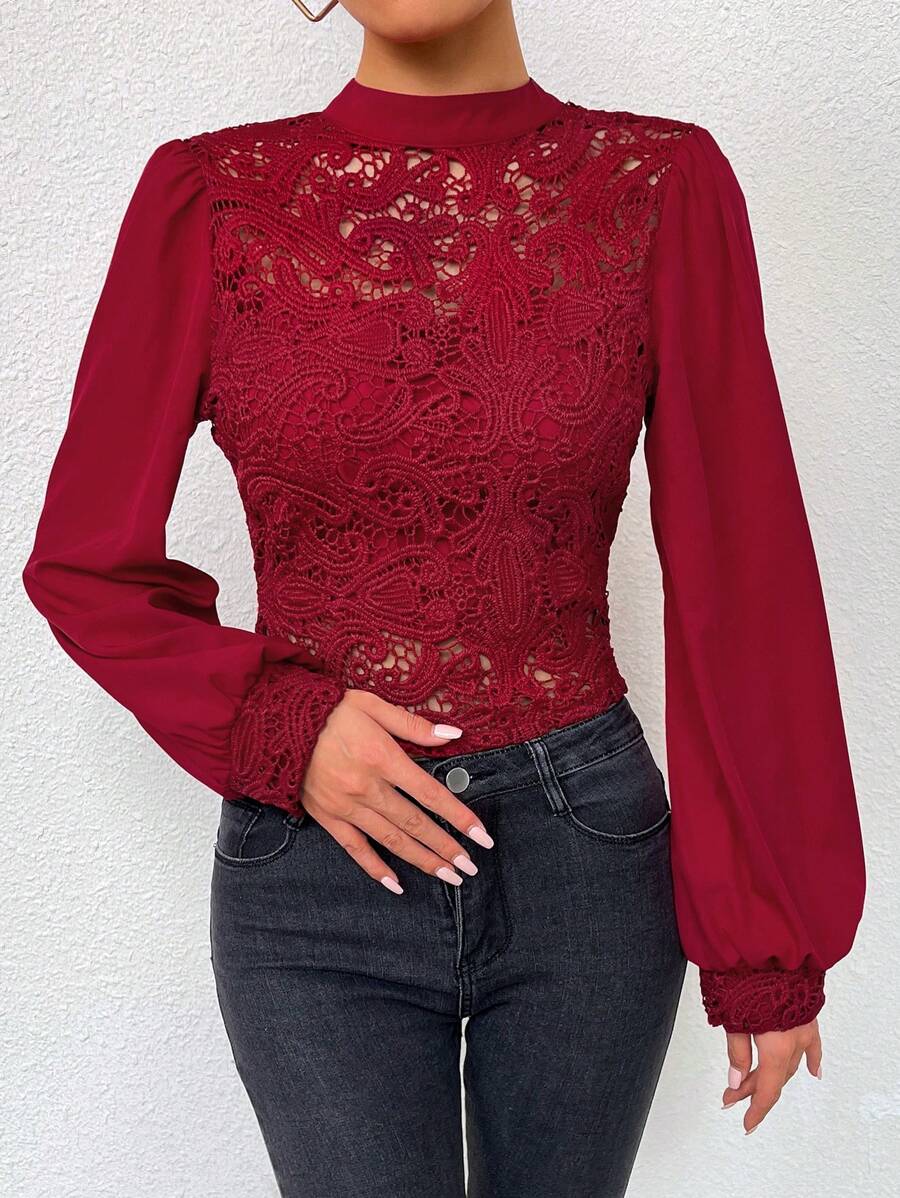 Chiquease Women Lace Hollow Out Collar Long Sleeve Casual Blouse For New Year Holiday Party Clothes - Red - View 1