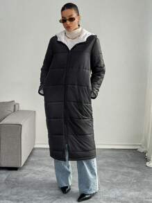 SHEIN Essnce 长袖连帽拉链夹克，带口袋 - 黑色 - 查看 8