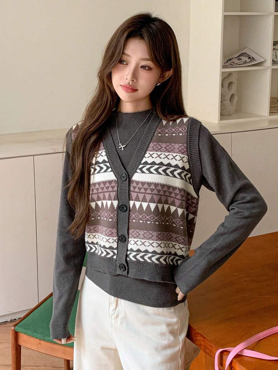 DAZY Set de 2 piezas: Cárdigan de manga larga con botones delanteros y parches de unicolor, y top de punto dulce para mujer para otoño/invierno, ropa de mujer para el otoño - Multicolor - Ver 1