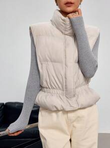 EastFlair Women High Collar Zipper Pocket Sleeveless Winter Padded Vest Jacket - Grey - View 3