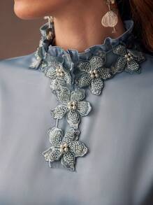 MOTF PREMIUM WOMEN SEQUIN AND BEADED APPLIQUES DETAIL FRILL MOCK NECK FLARE SLEEVE BLOUSE - Baby Blue - View 3
