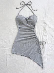 Soleia فستان أنثوي منتصف الطول مُحدد الشكل مع عنق عراوي مربوط وبذيل غير متماثل للنساء - رمادي فاتح - مشاهدة 6