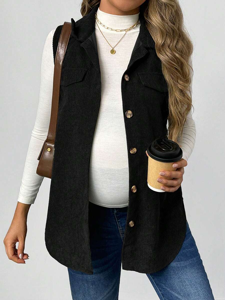 SHEIN Pregnant Women Solid Color Front Button Loose Vest Top Cardigan For Autumn - Black - View 1