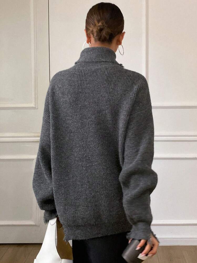 Women Solid Color Loose High Collar Long Sleeve Distressed Thick Knitted Sweater,Fall Women Clothes