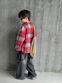 Tween Boy 休闲格子珊瑚色保暖内衬翻领前开宽松厚风衣夹克 - 彩色 - 查看 4
