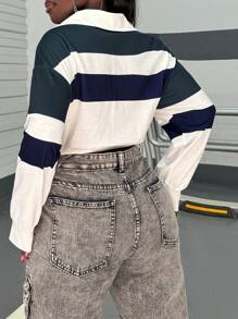 SHEIN Slayr Sudadera recortada informal con cuello de polo a rayas, mangas largas y hombros caídos para mujer, primavera/otoño