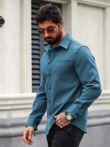 Manfinity Homme Heren Casual Effen Kleur Lange Mouw Corduroy Overhemd, Herfst