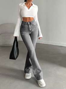 EURMUSE 98%Cotton High-Waist Original Boot Cut Jeans - Grey - View 6