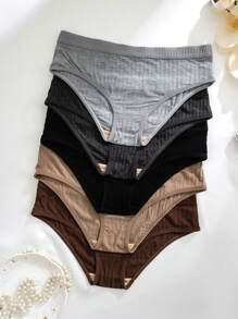 Set de 5 piezas de bragas tipo bikini acanaladas de unicolor, estilo casual